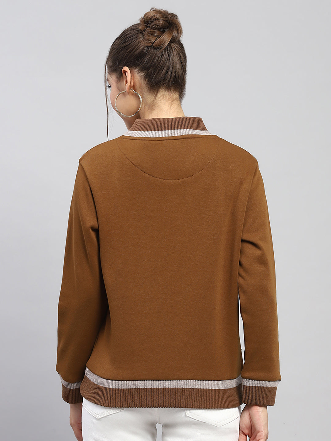 Women Khaki Printed Round Neck Full Sleeve Sweatshirt