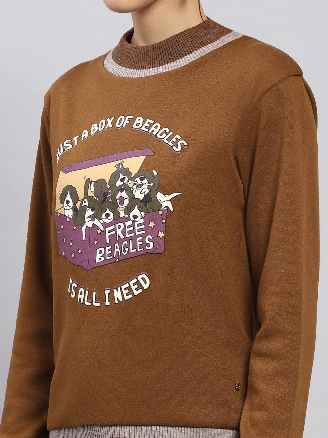 Women Khaki Printed Round Neck Full Sleeve Sweatshirt