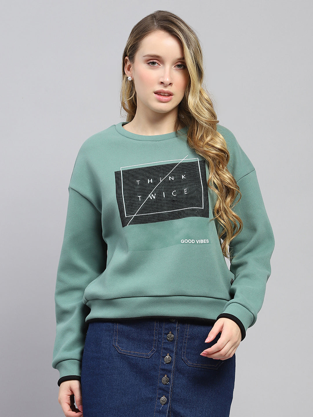 Women Green Printed Round Neck Full Sleeve Sweatshirt