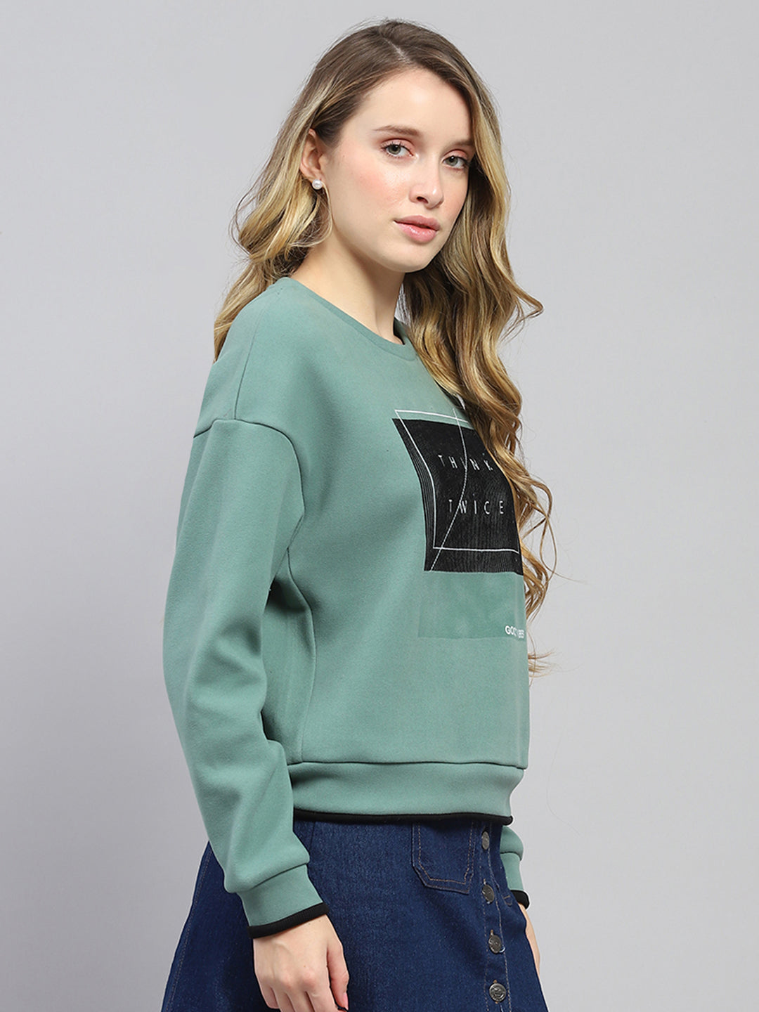 Women Green Printed Round Neck Full Sleeve Sweatshirt