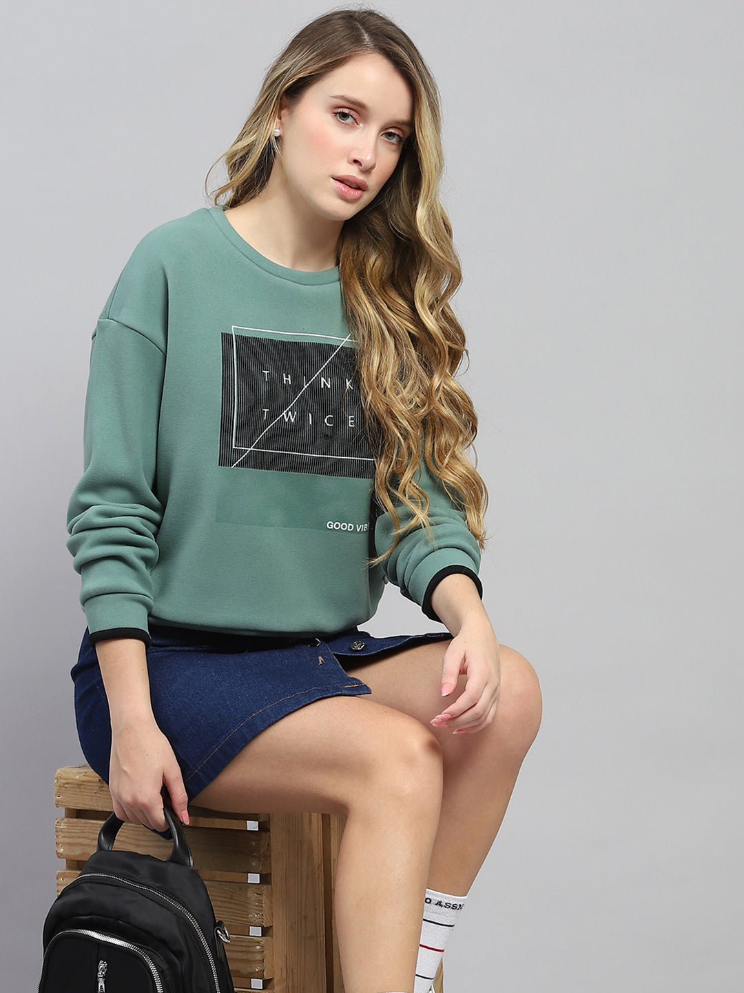 Women Green Printed Round Neck Full Sleeve Sweatshirt