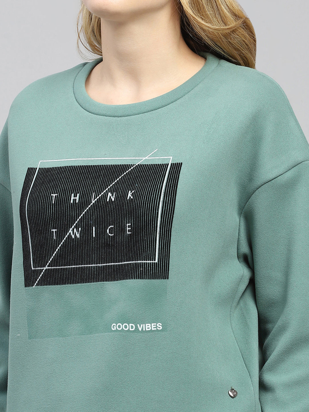 Women Green Printed Round Neck Full Sleeve Sweatshirt