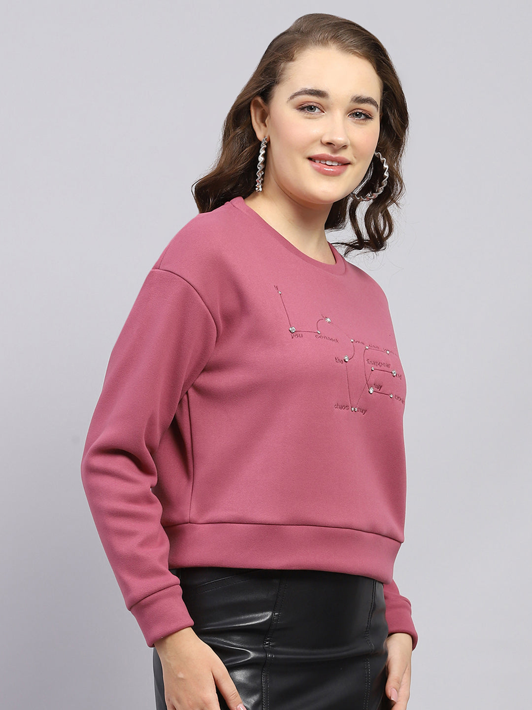 Women Pink Embroidered Round Neck Full Sleeve Sweatshirt