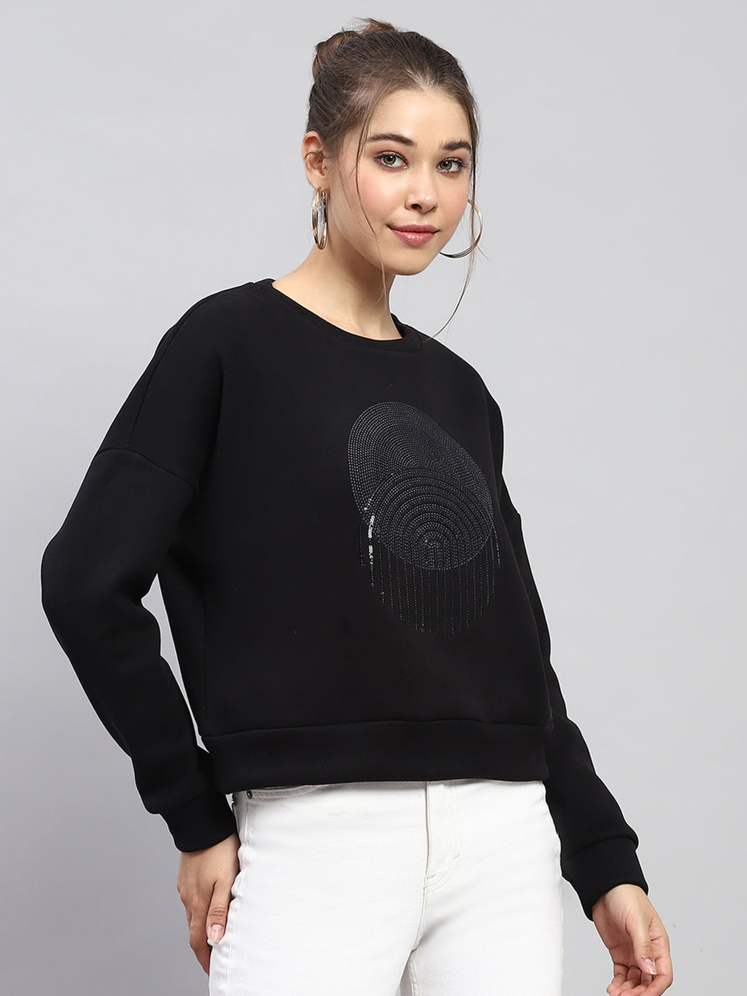 Women Black Embroidered Round Neck Full Sleeve Sweatshirt