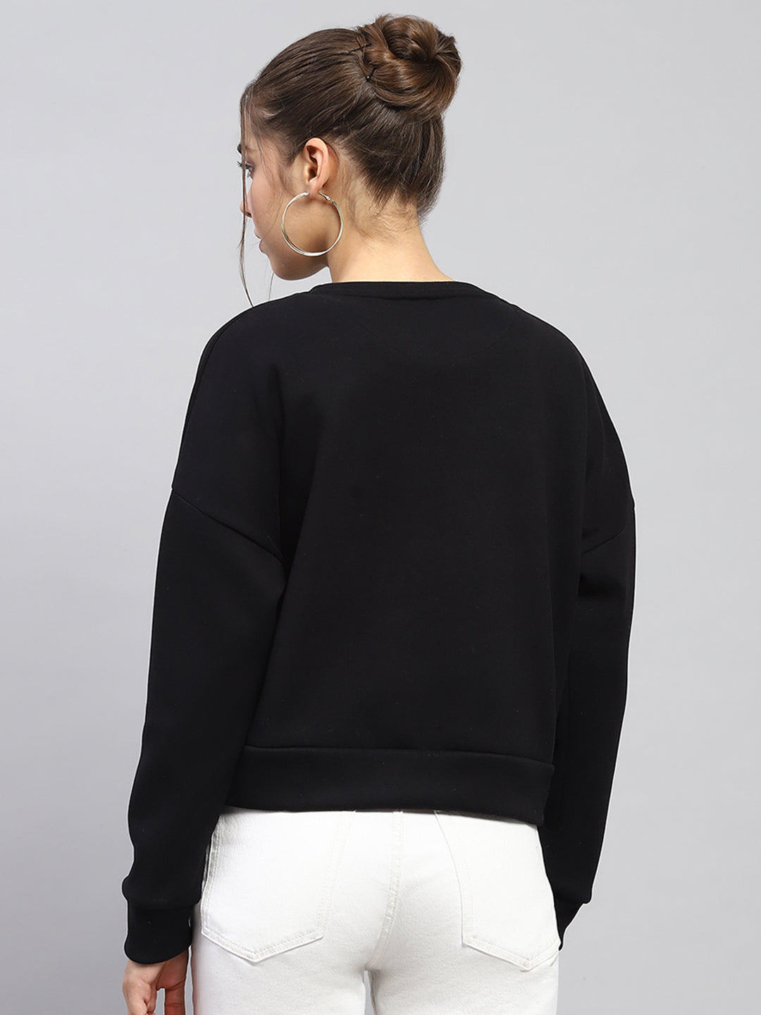 Women Black Embroidered Round Neck Full Sleeve Sweatshirt