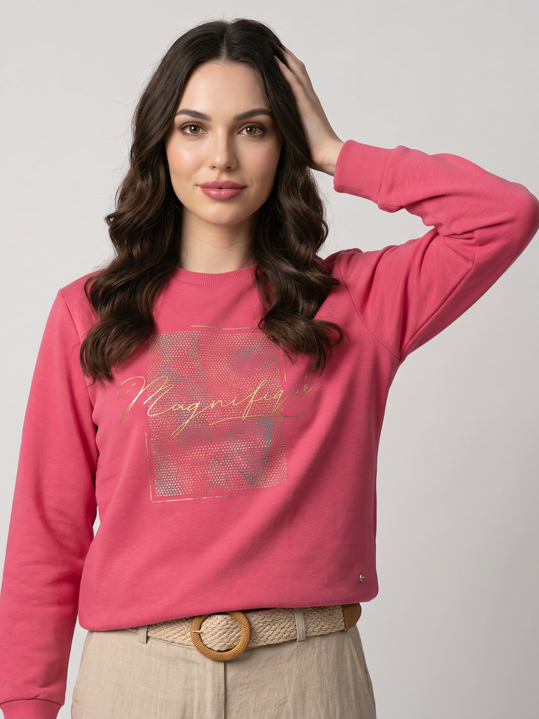 Women Coral Printed Round Neck Full Sleeve Sweatshirt