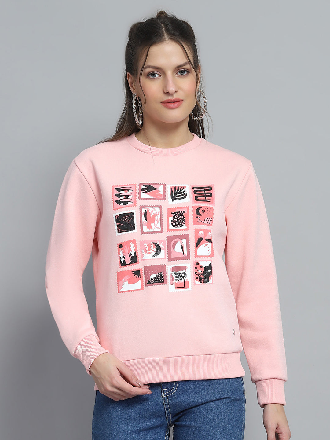 Women Pink Printed Round Neck Full Sleeve Sweatshirt
