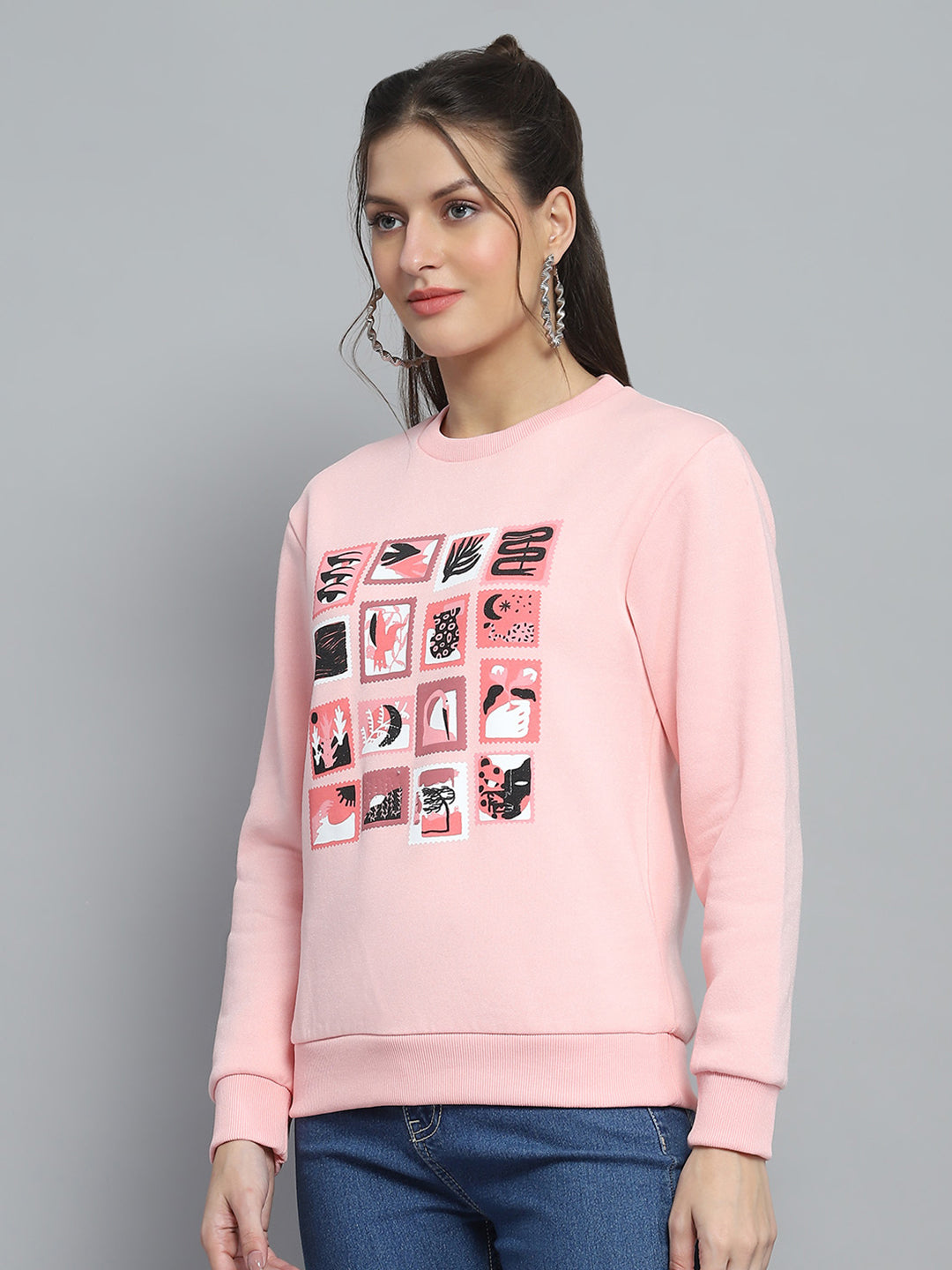 Women Pink Printed Round Neck Full Sleeve Sweatshirt