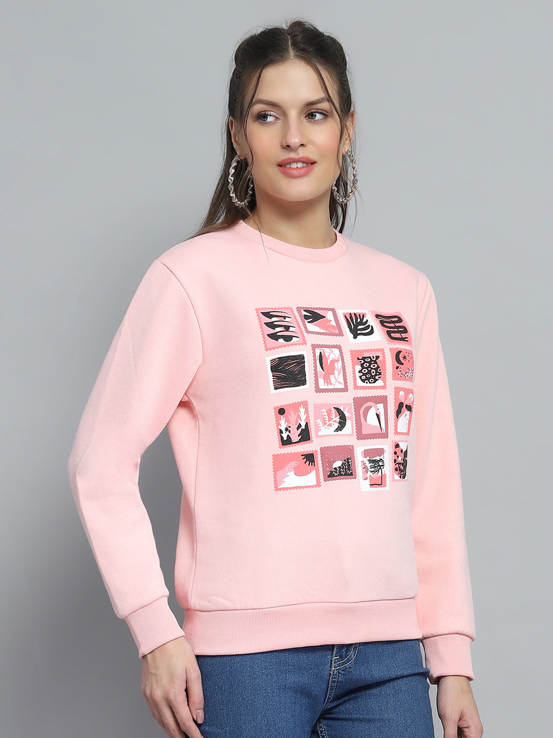 Women Pink Printed Round Neck Full Sleeve Sweatshirt