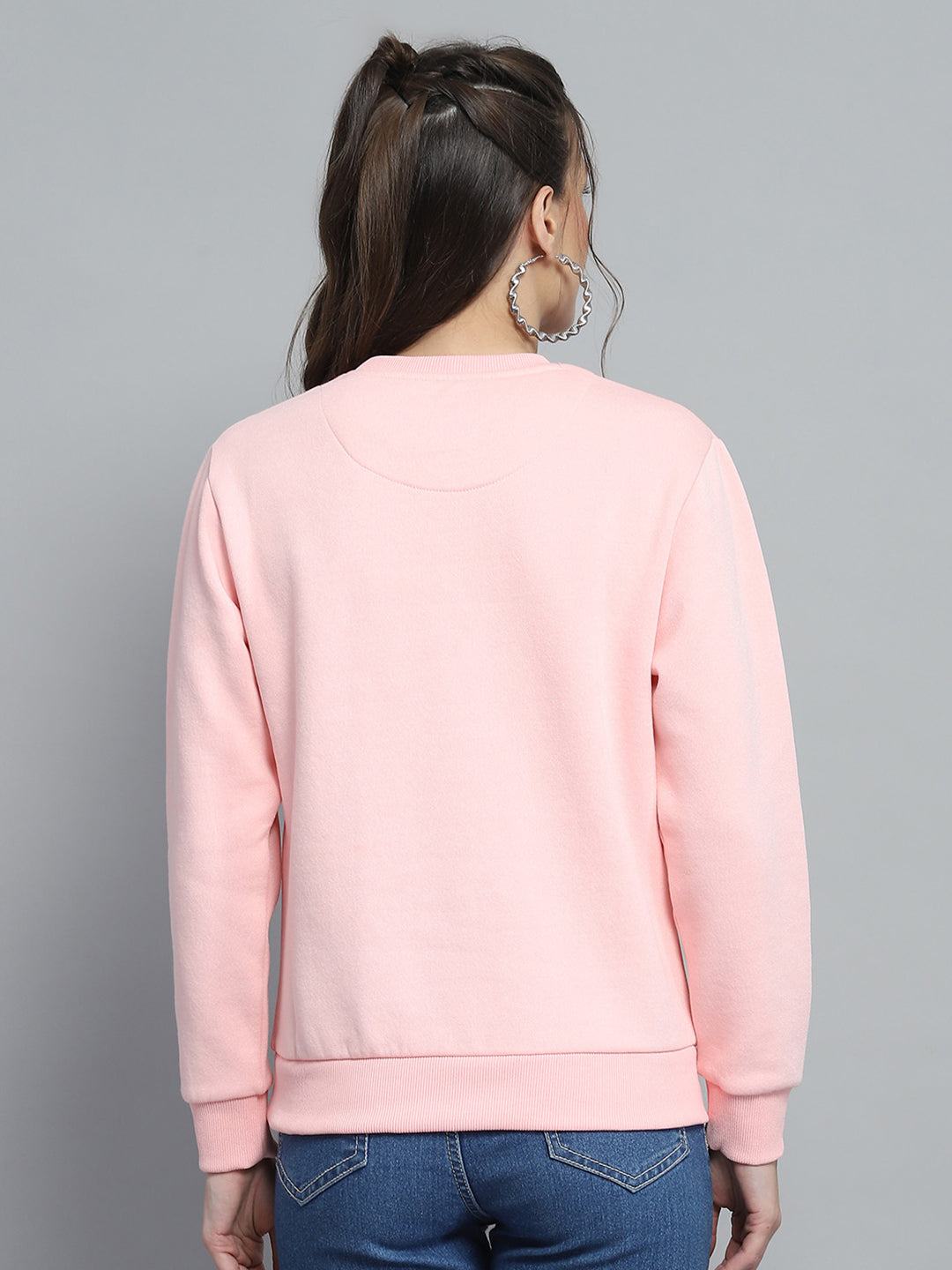Women Pink Printed Round Neck Full Sleeve Sweatshirt