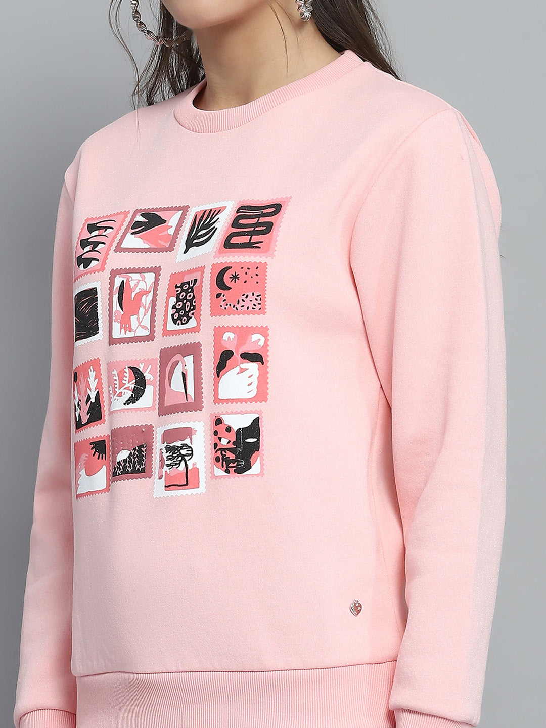 Women Pink Printed Round Neck Full Sleeve Sweatshirt