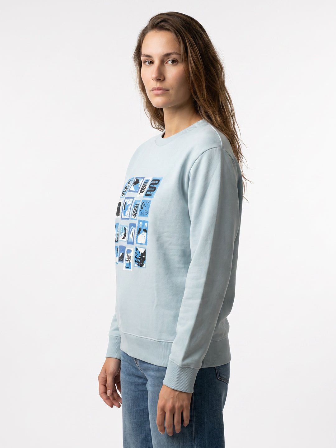 Women Blue Graphic Print Round Neck Full Sleeve Sweatshirt