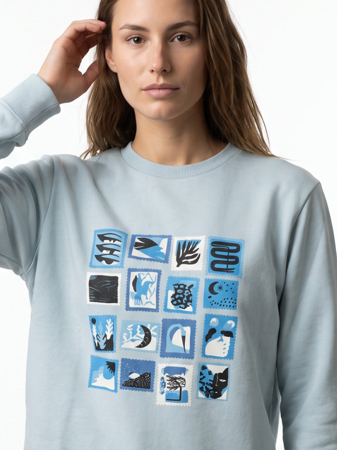 Women Blue Graphic Print Round Neck Full Sleeve Sweatshirt