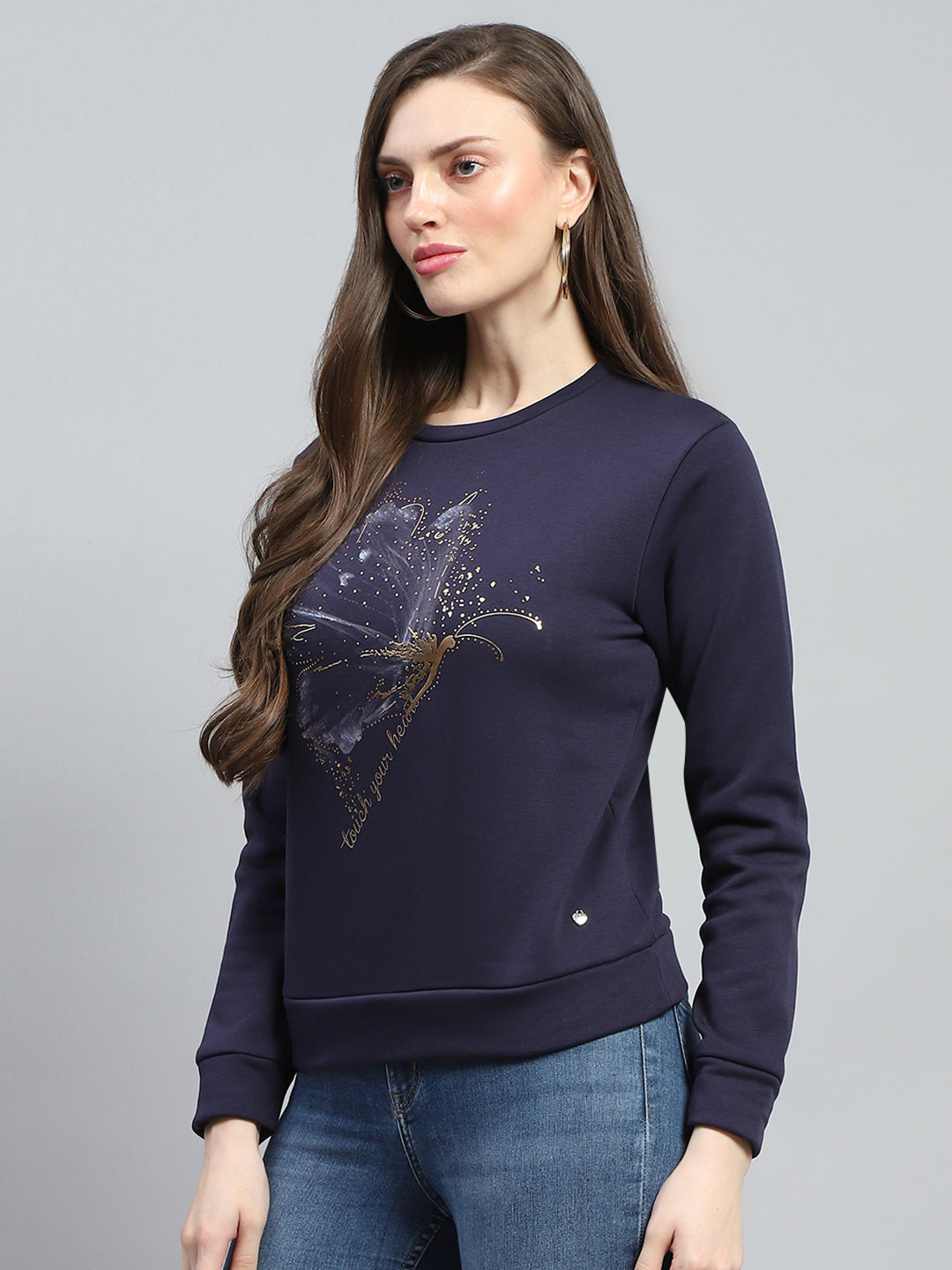 Women Blue Printed Round Neck Full Sleeve Sweatshirt