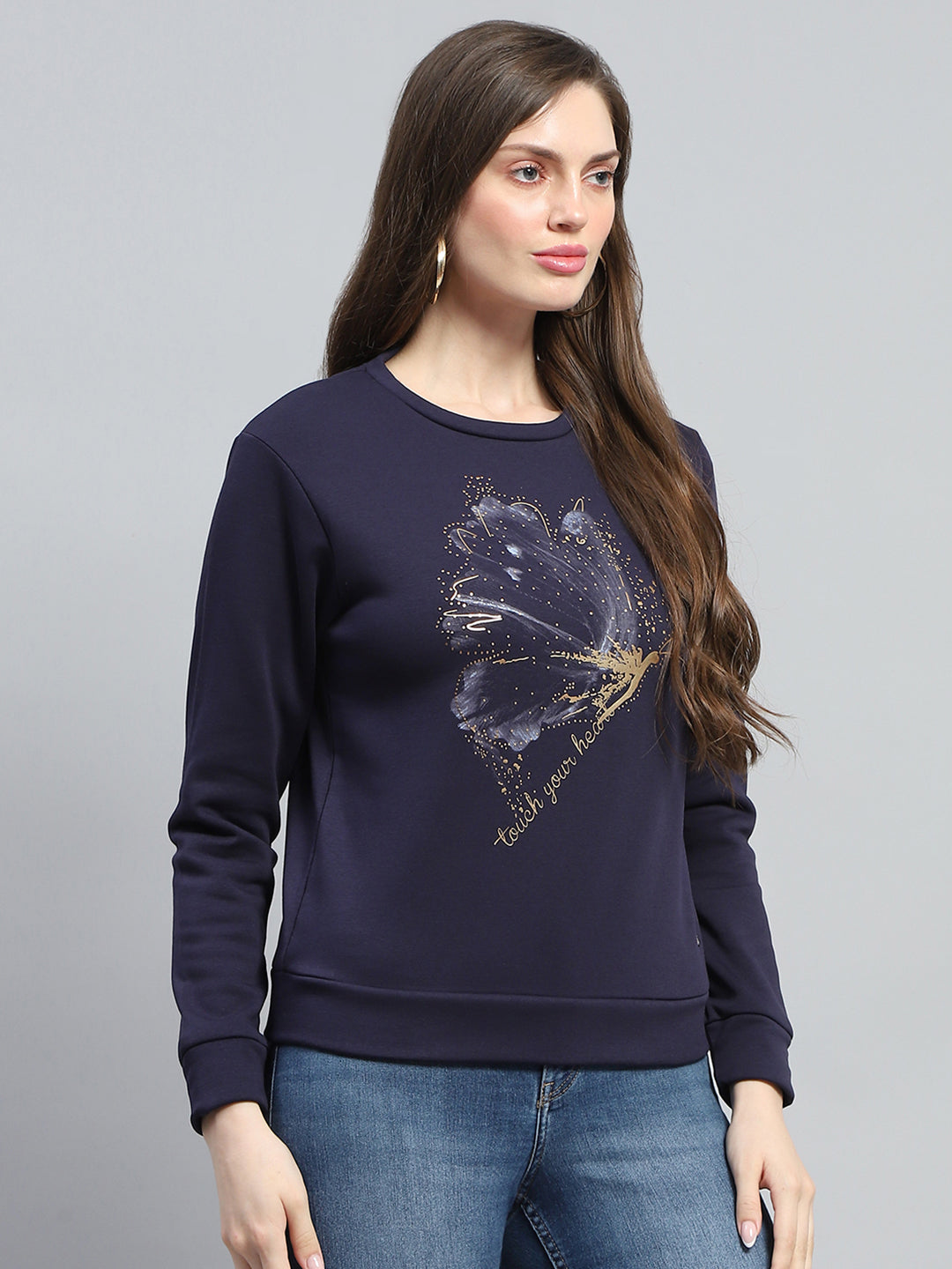 Women Blue Printed Round Neck Full Sleeve Sweatshirt