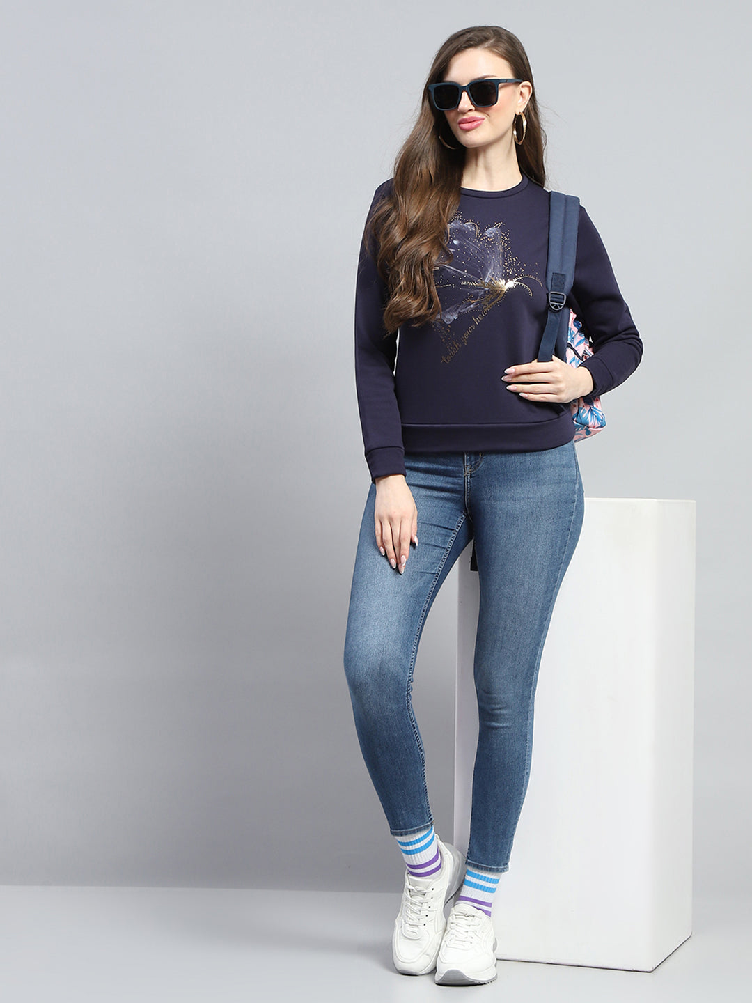 Women Blue Printed Round Neck Full Sleeve Sweatshirt
