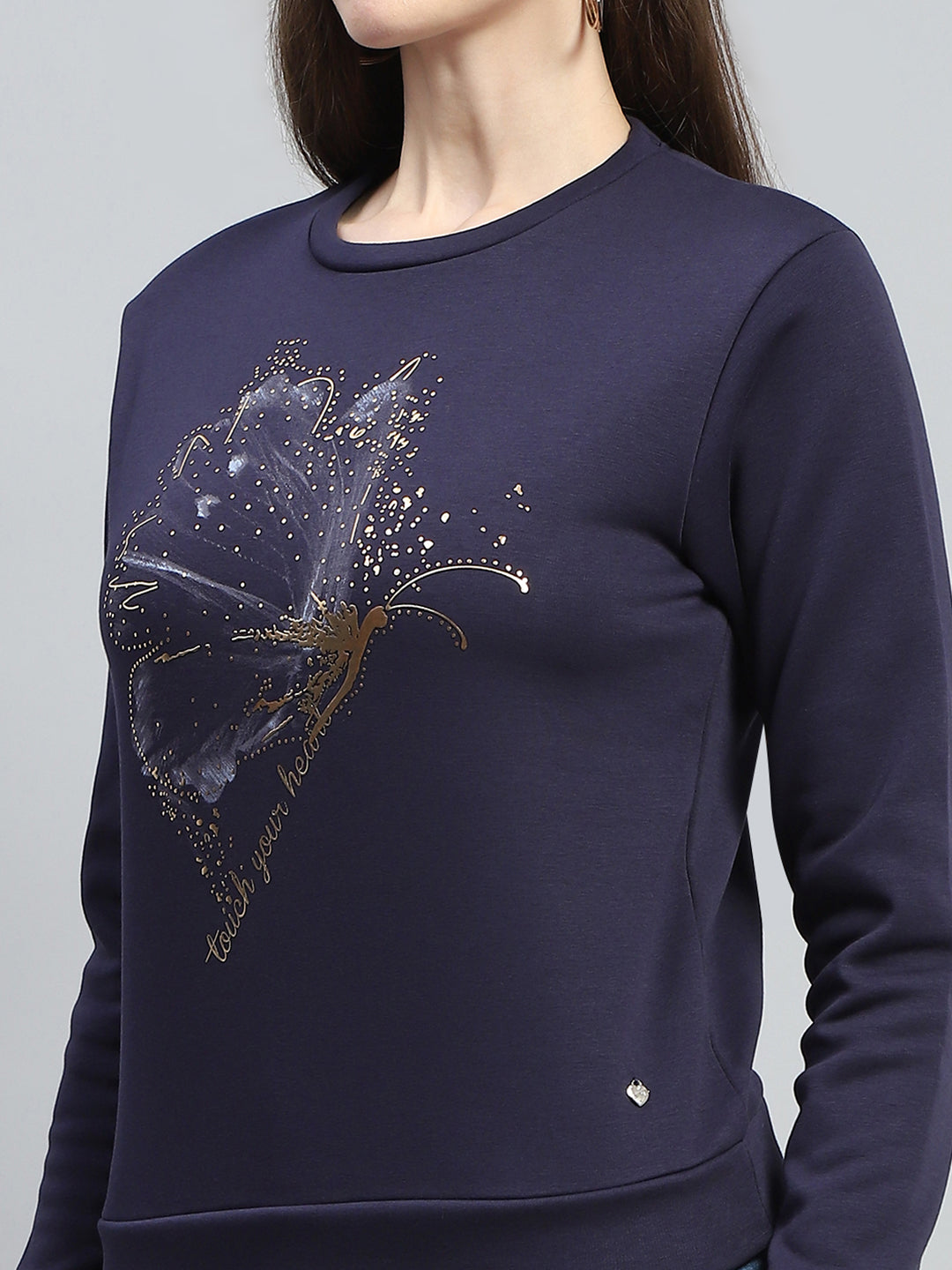Women Blue Printed Round Neck Full Sleeve Sweatshirt