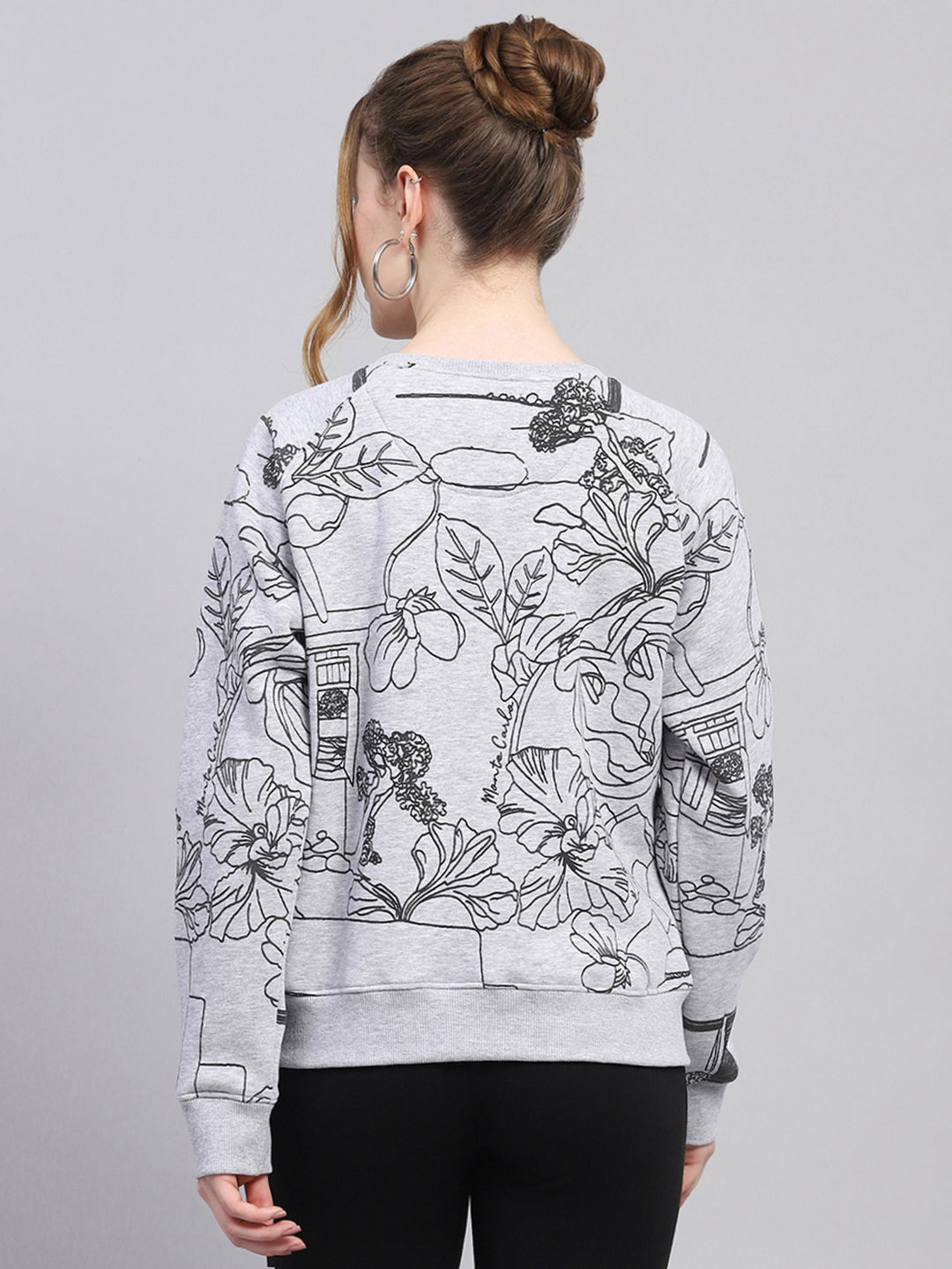 Women Grey Printed Round Neck Full Sleeve Sweatshirt