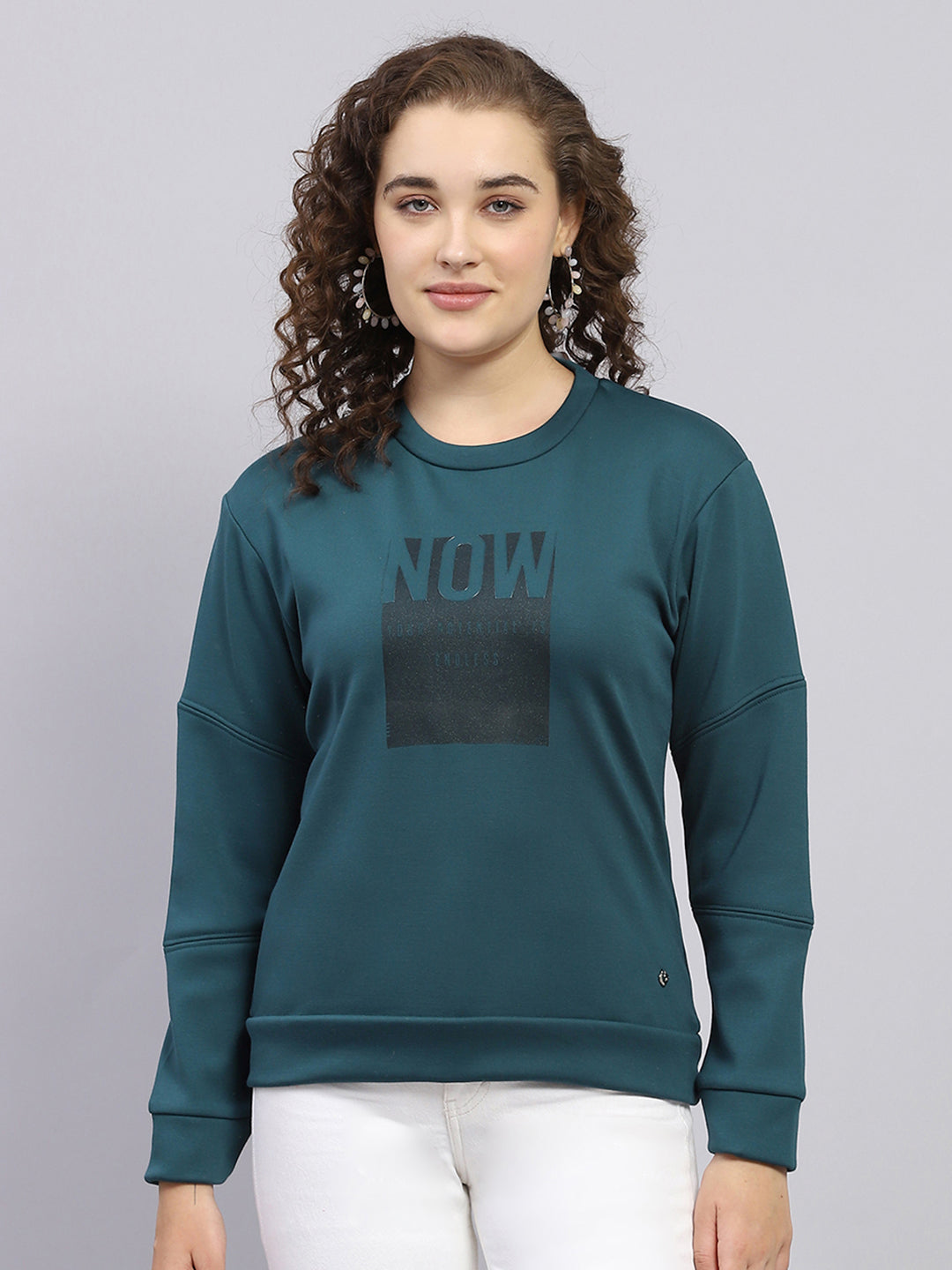 Women Dark Green Printed Round Neck Full Sleeve Sweatshirt