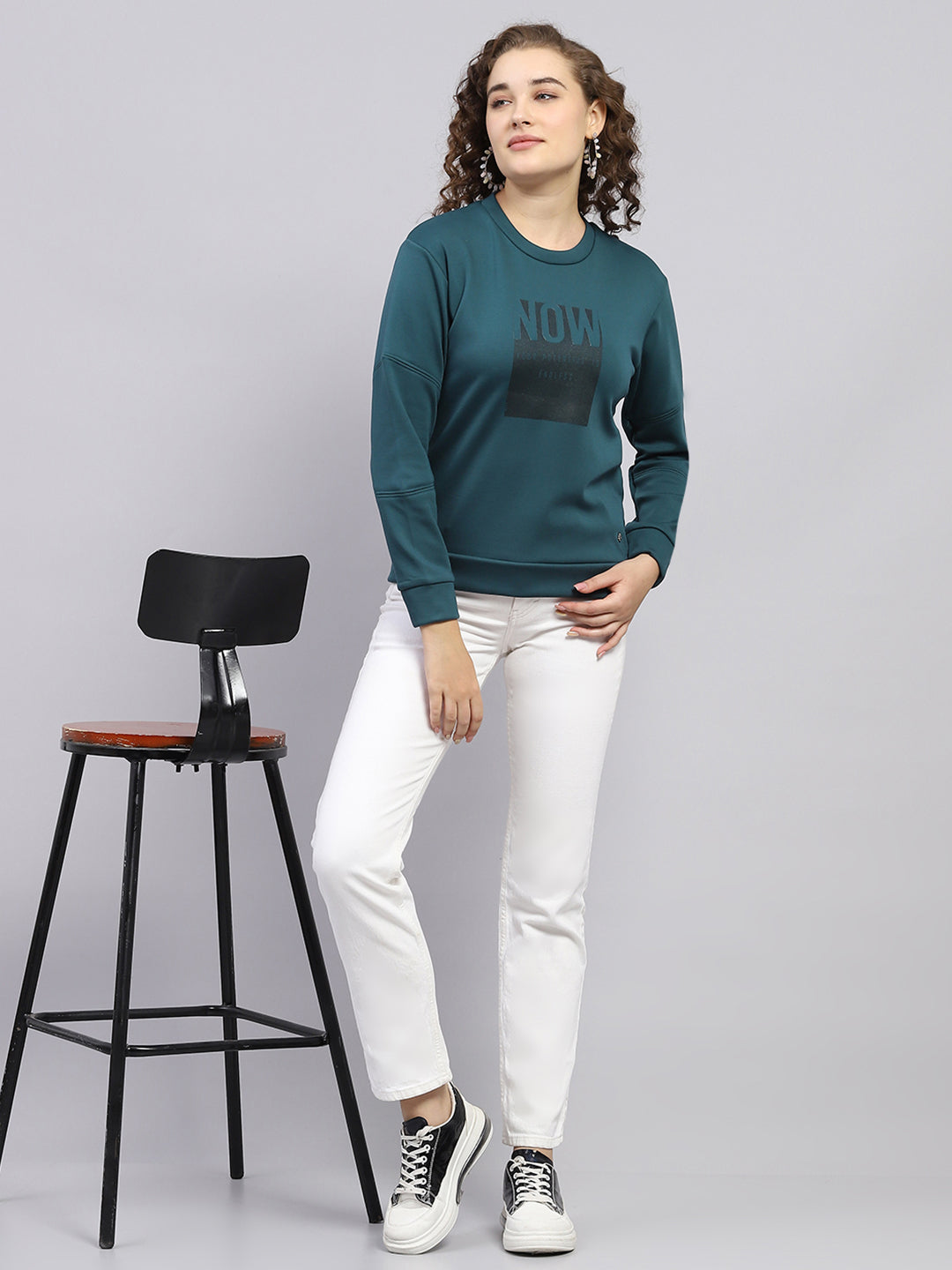 Women Dark Green Printed Round Neck Full Sleeve Sweatshirt