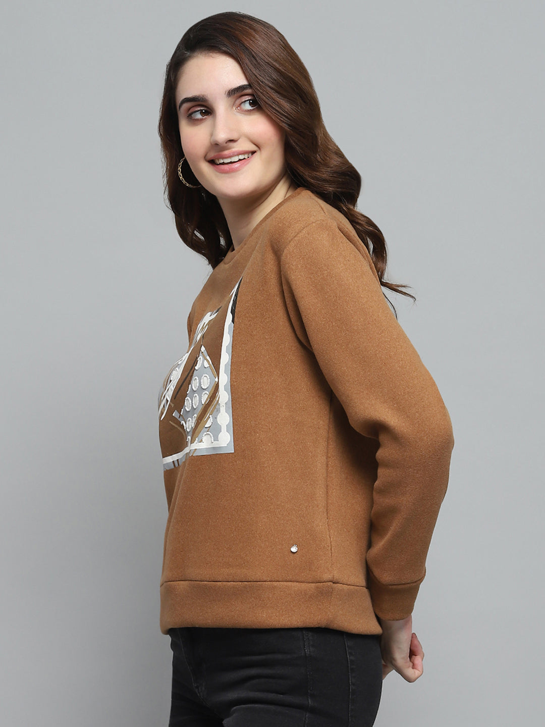 Women Brown Printed Round Neck Full Sleeve Sweatshirt