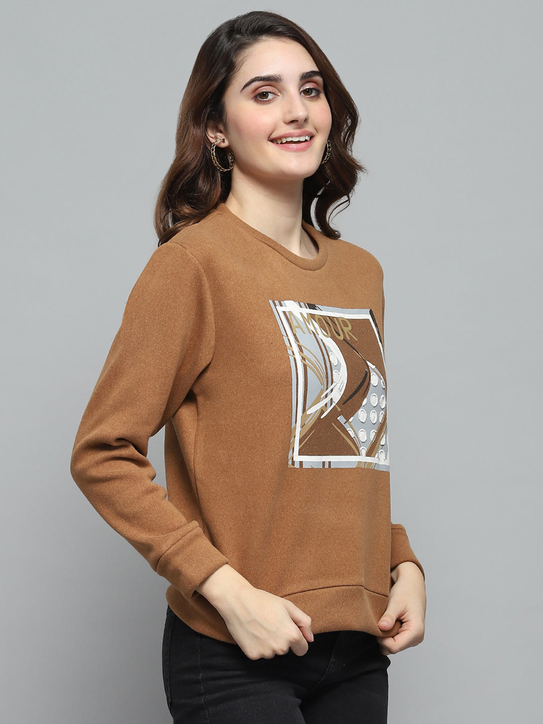 Women Brown Printed Round Neck Full Sleeve Sweatshirt