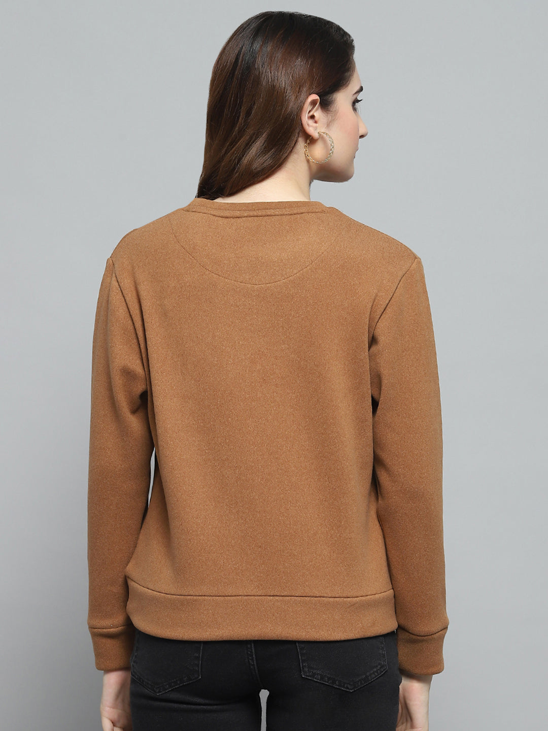 Women Brown Printed Round Neck Full Sleeve Sweatshirt
