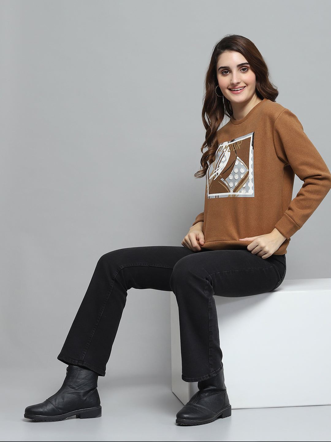 Women Brown Printed Round Neck Full Sleeve Sweatshirt