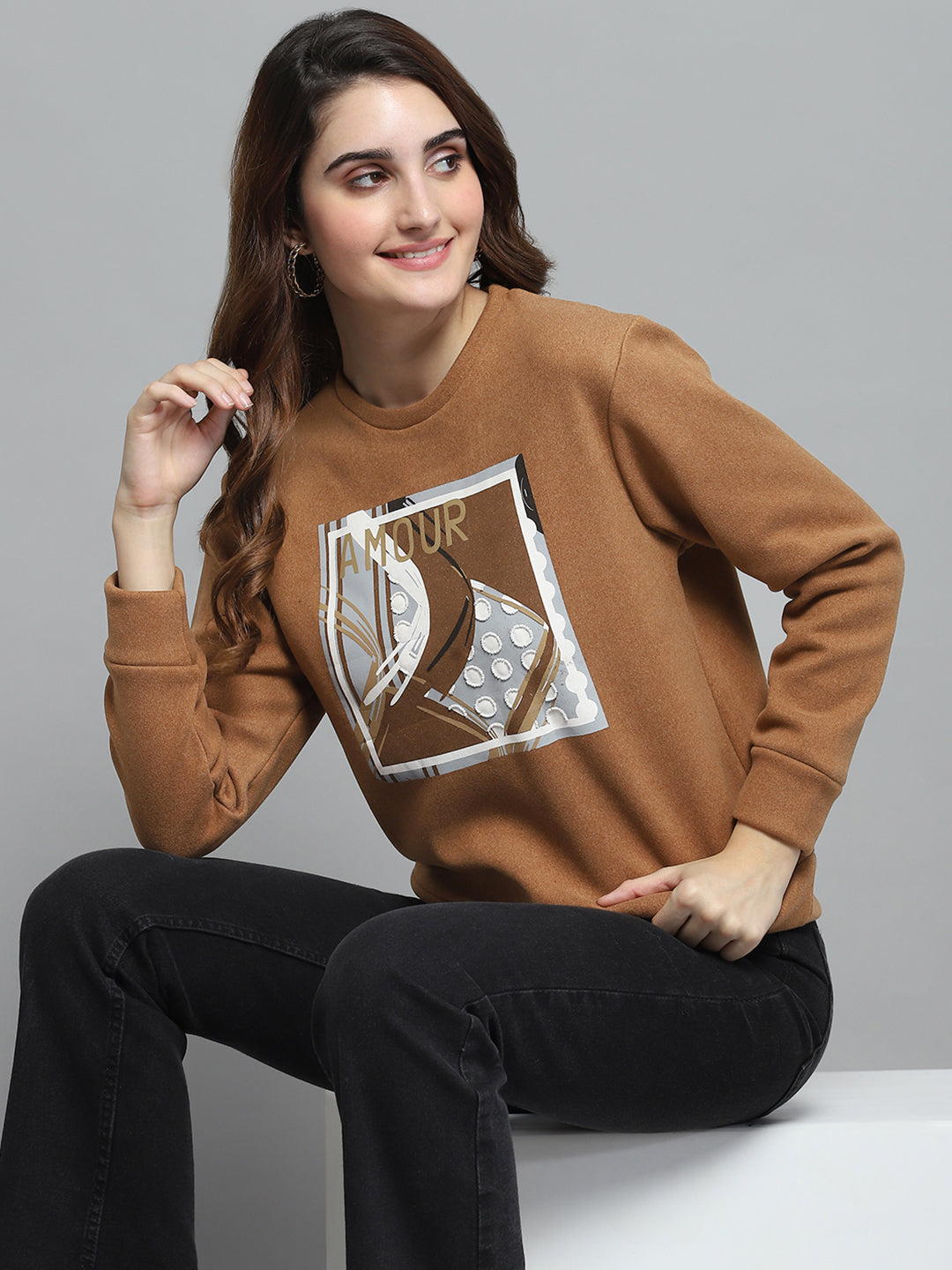 Women Brown Printed Round Neck Full Sleeve Sweatshirt