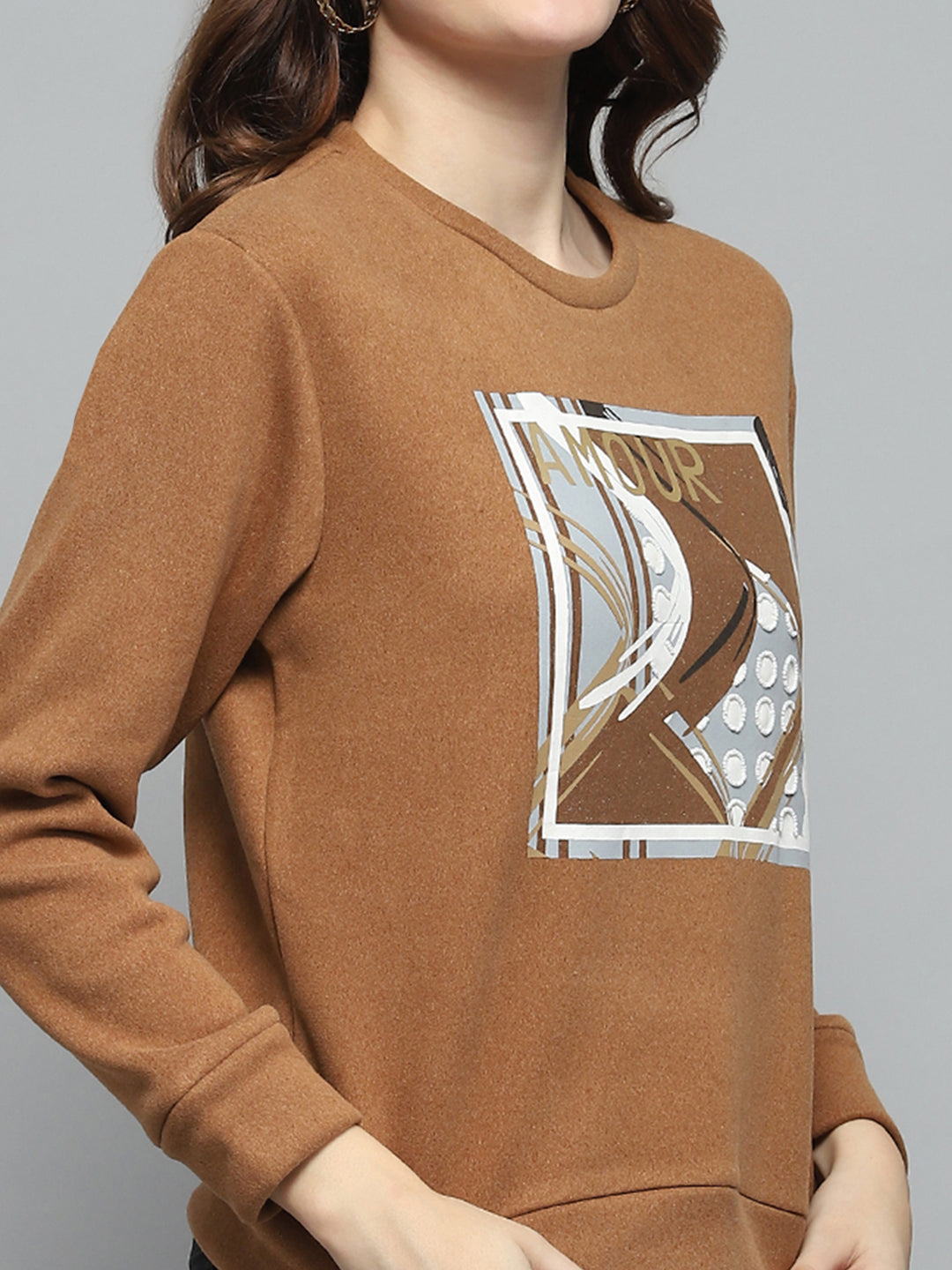 Women Brown Printed Round Neck Full Sleeve Sweatshirt