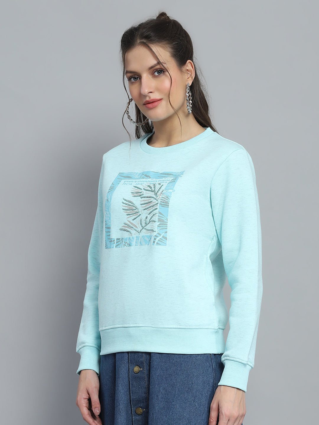 Women Blue Printed Round Neck Full Sleeve Sweatshirt