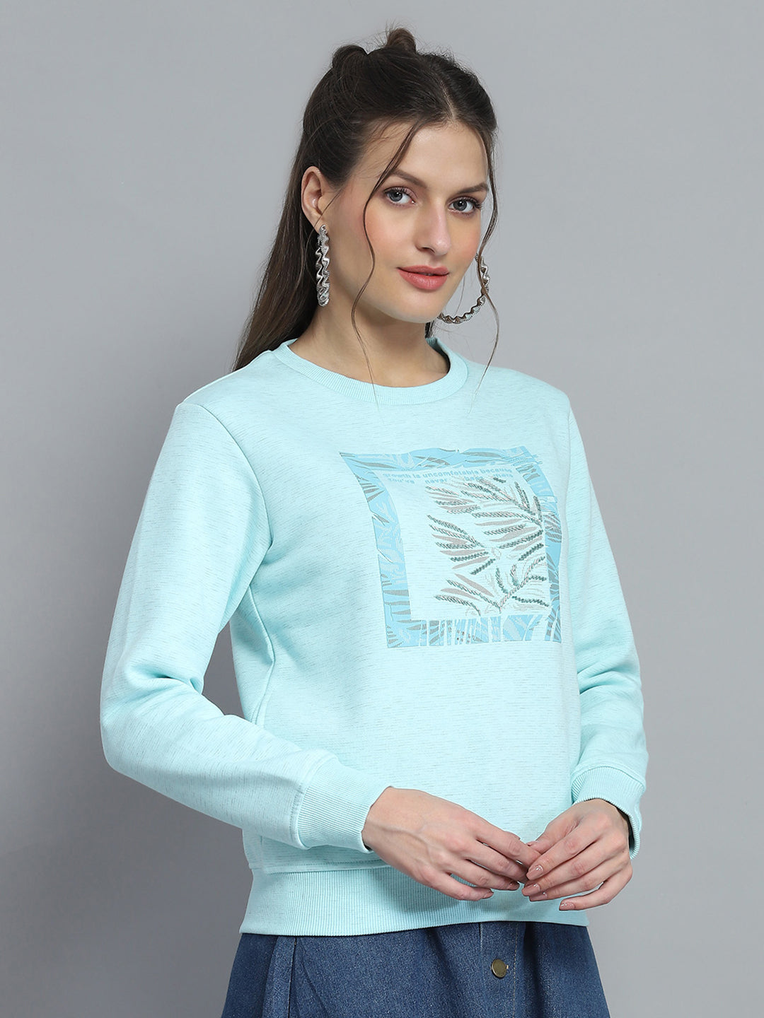 Women Blue Printed Round Neck Full Sleeve Sweatshirt