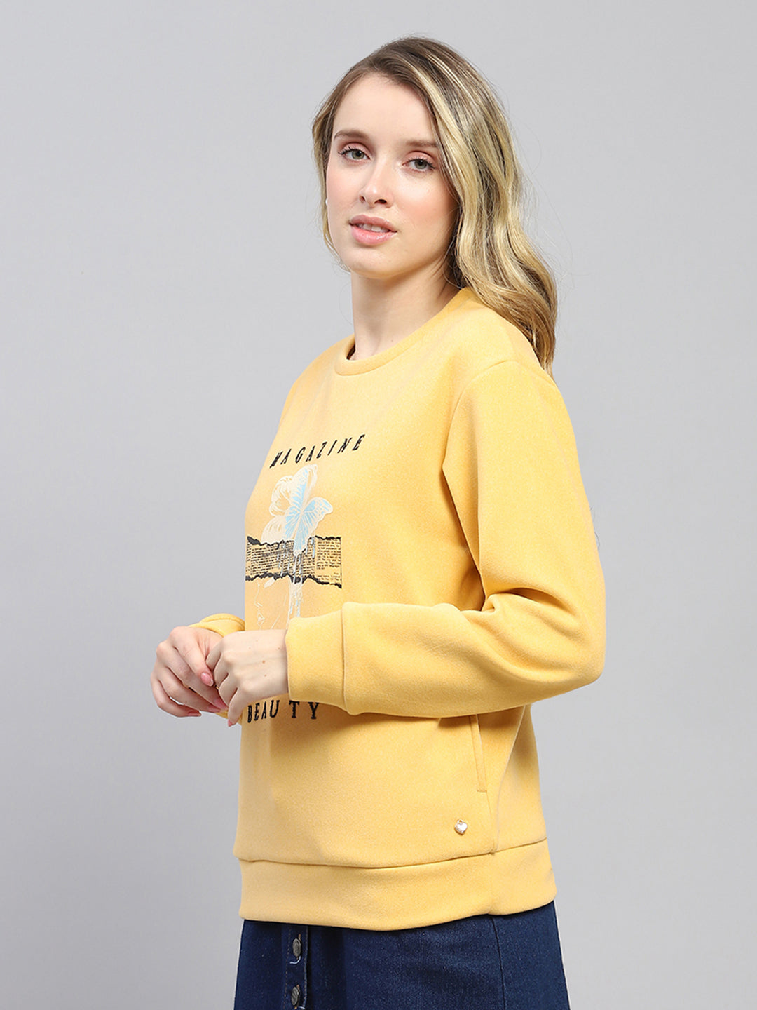 Women Yellow Printed Round Neck Full Sleeve Sweatshirt