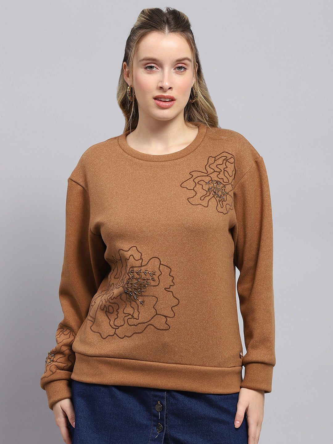 Women Brown Self Design Round Neck Full Sleeve Sweatshirt