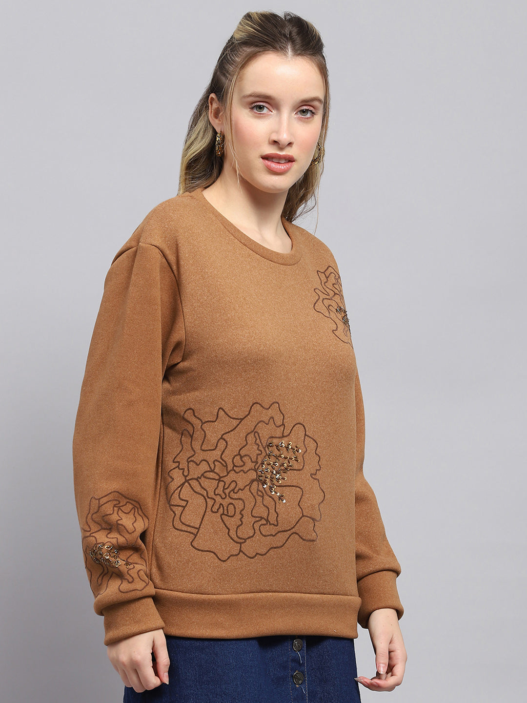 Women Brown Self Design Round Neck Full Sleeve Sweatshirt