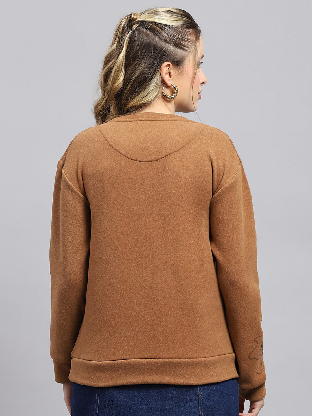 Women Brown Self Design Round Neck Full Sleeve Sweatshirt