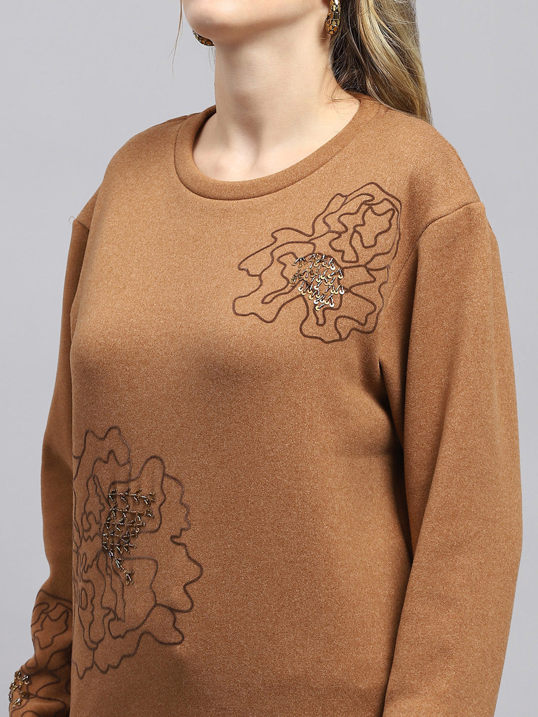 Women Brown Self Design Round Neck Full Sleeve Sweatshirt