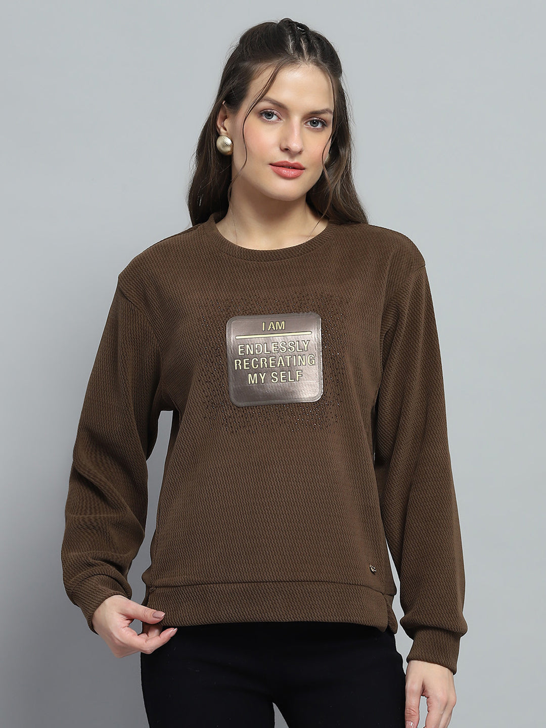 Women Brown Printed Round Neck Full Sleeve Sweatshirt