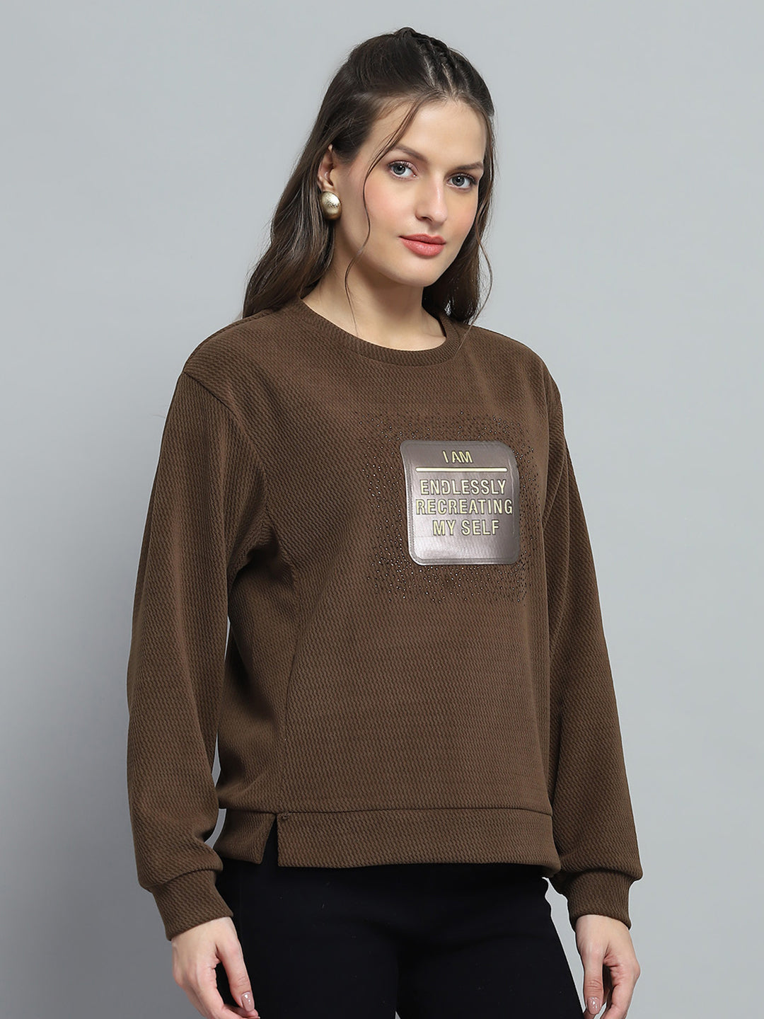 Women Brown Printed Round Neck Full Sleeve Sweatshirt