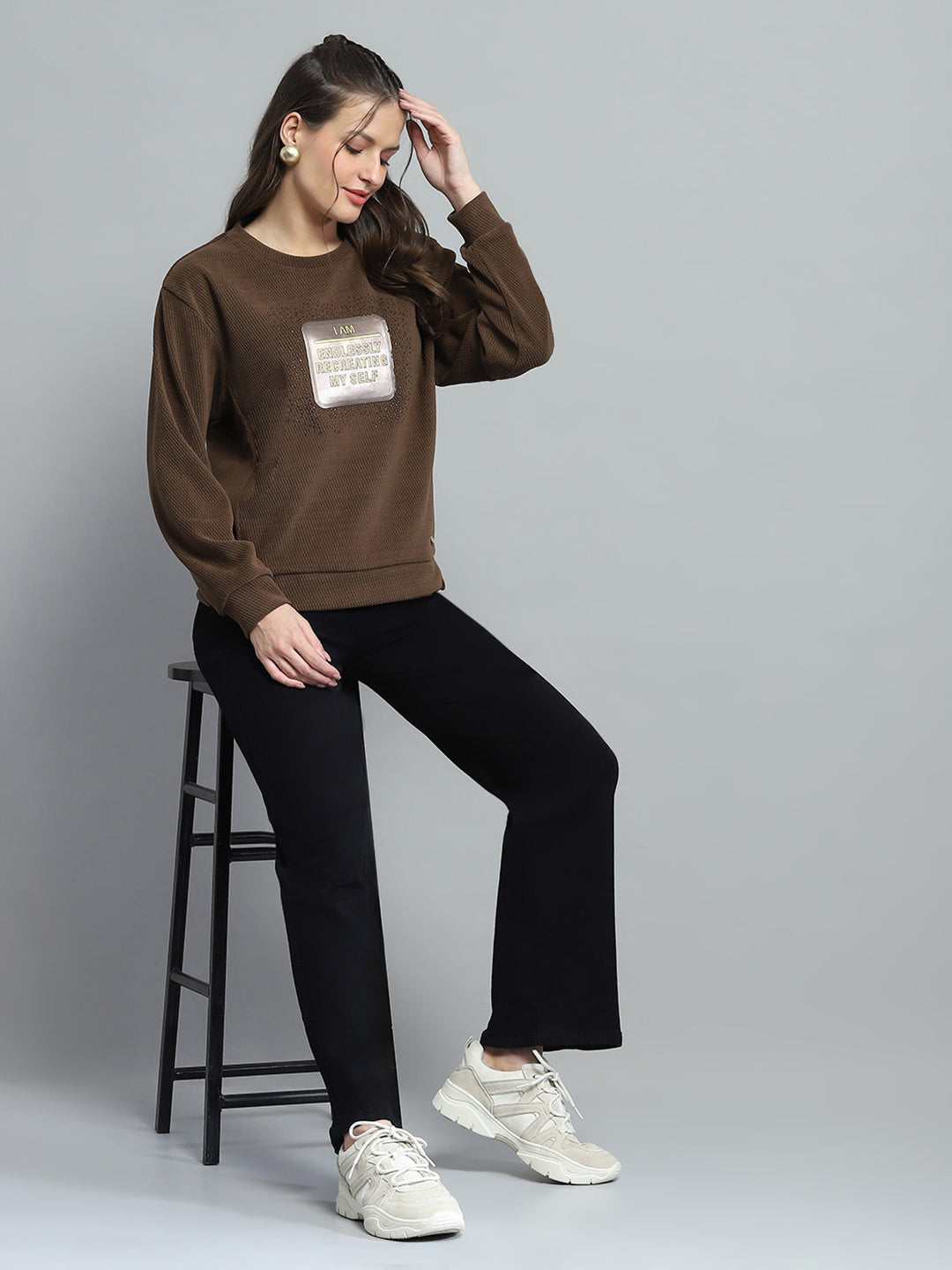 Women Brown Printed Round Neck Full Sleeve Sweatshirt