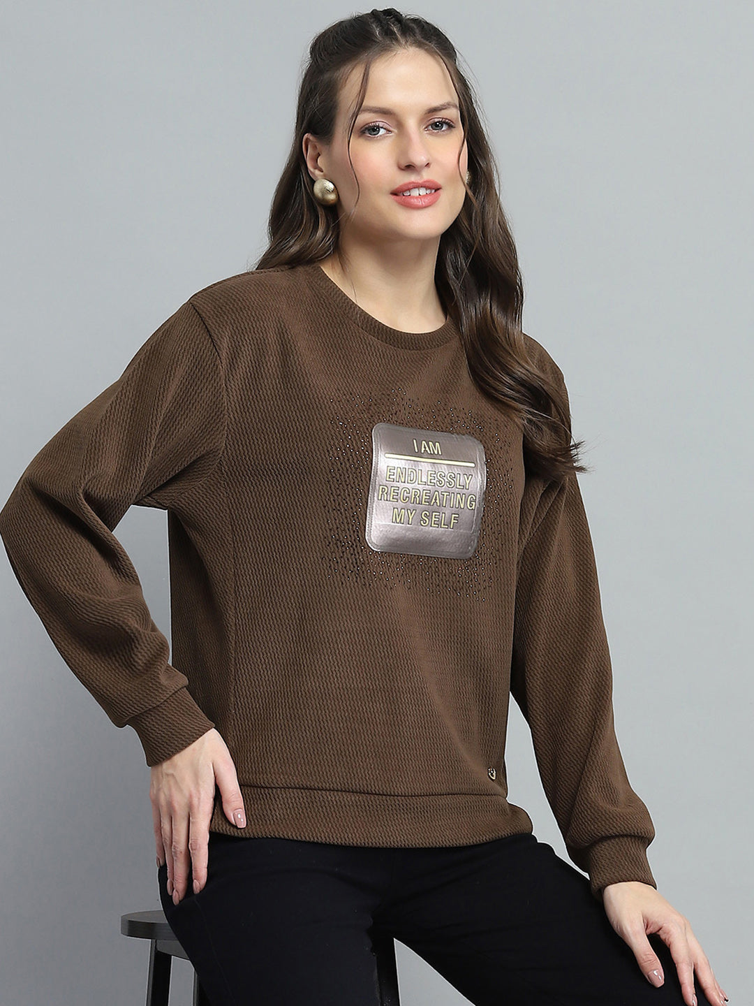 Women Brown Printed Round Neck Full Sleeve Sweatshirt