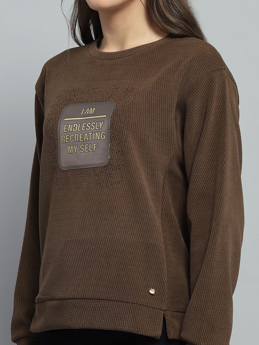 Women Brown Printed Round Neck Full Sleeve Sweatshirt