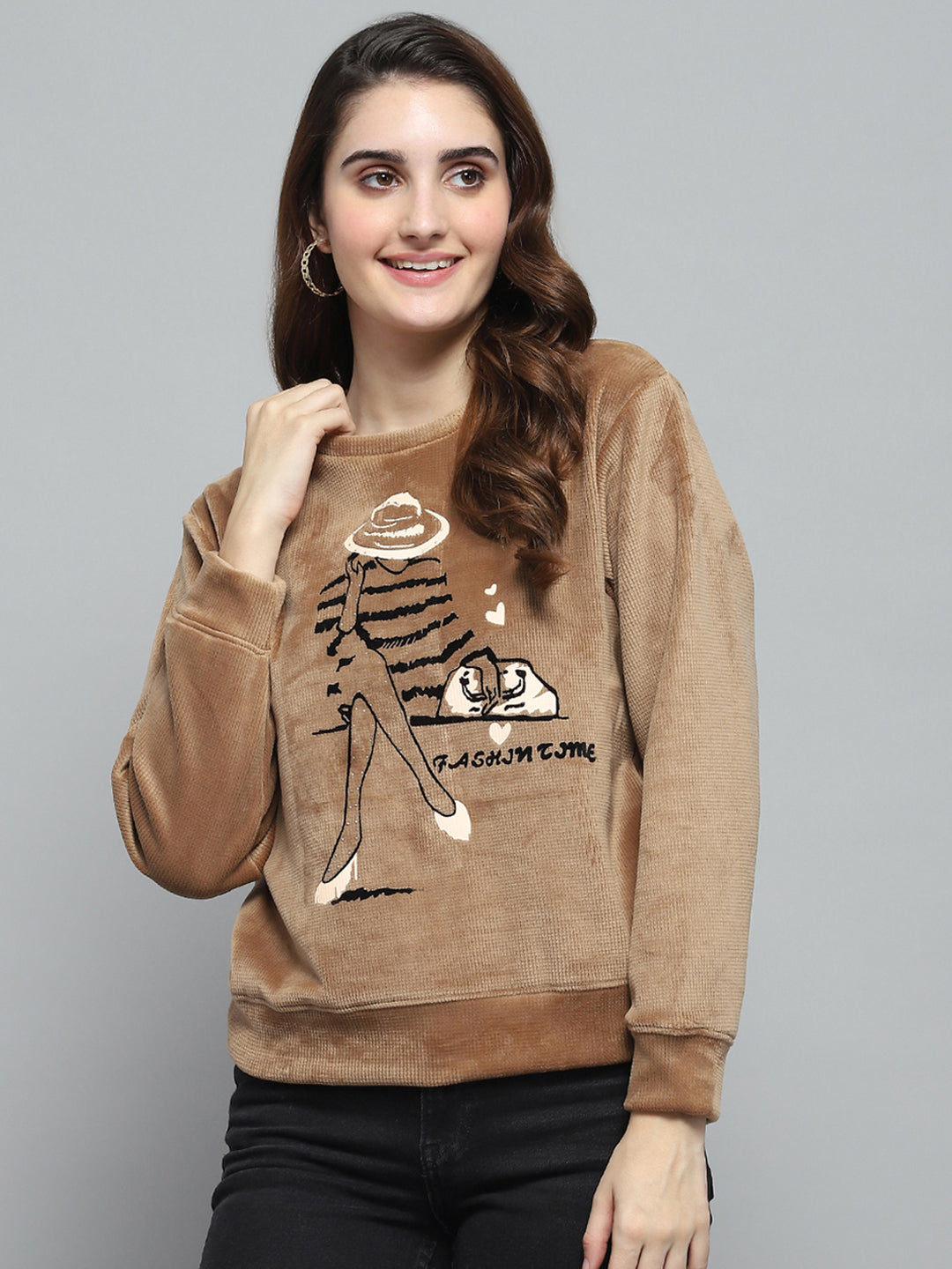 Women Khaki Printed Round Neck Full Sleeve Sweatshirt