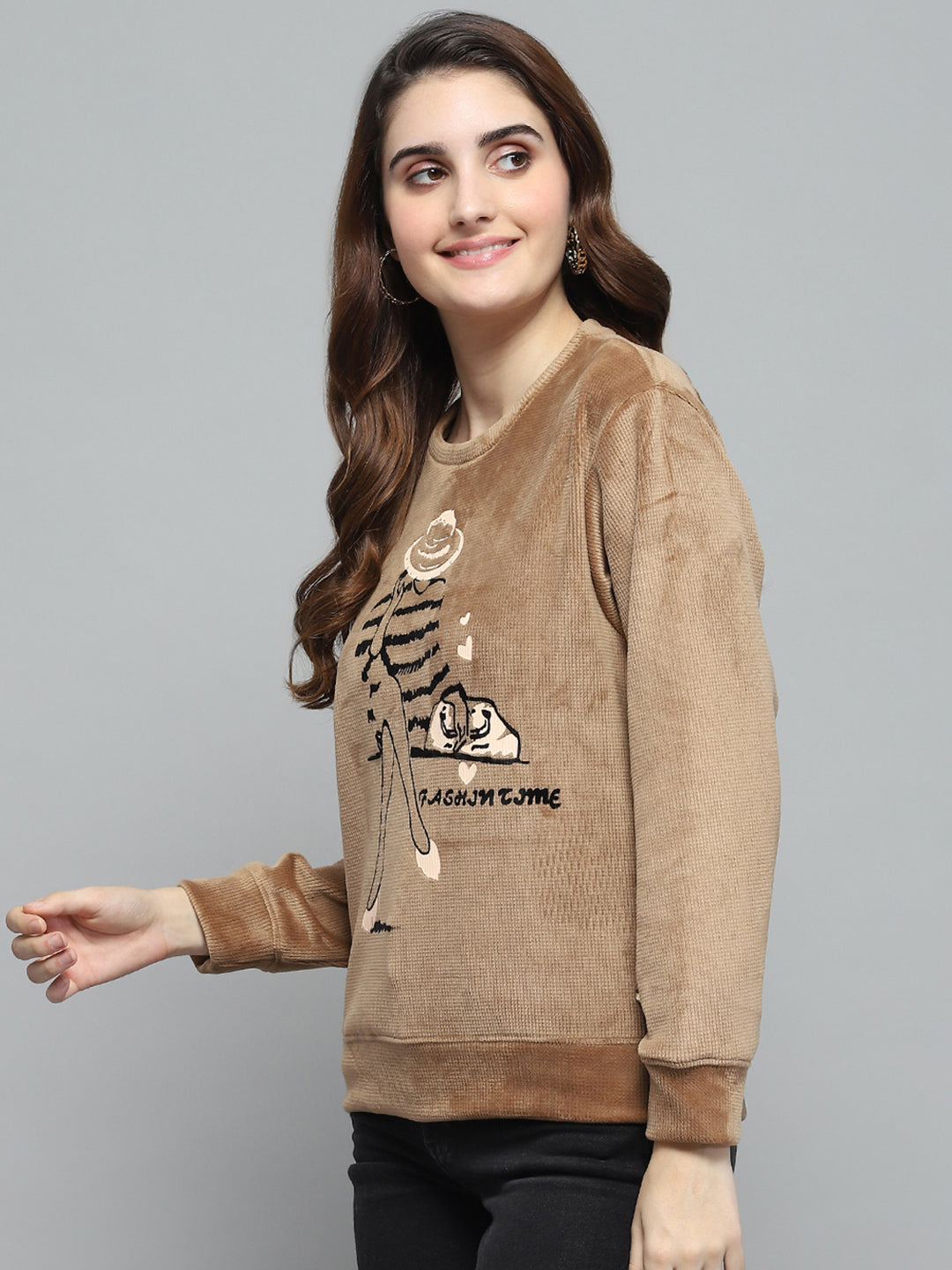 Women Khaki Printed Round Neck Full Sleeve Sweatshirt