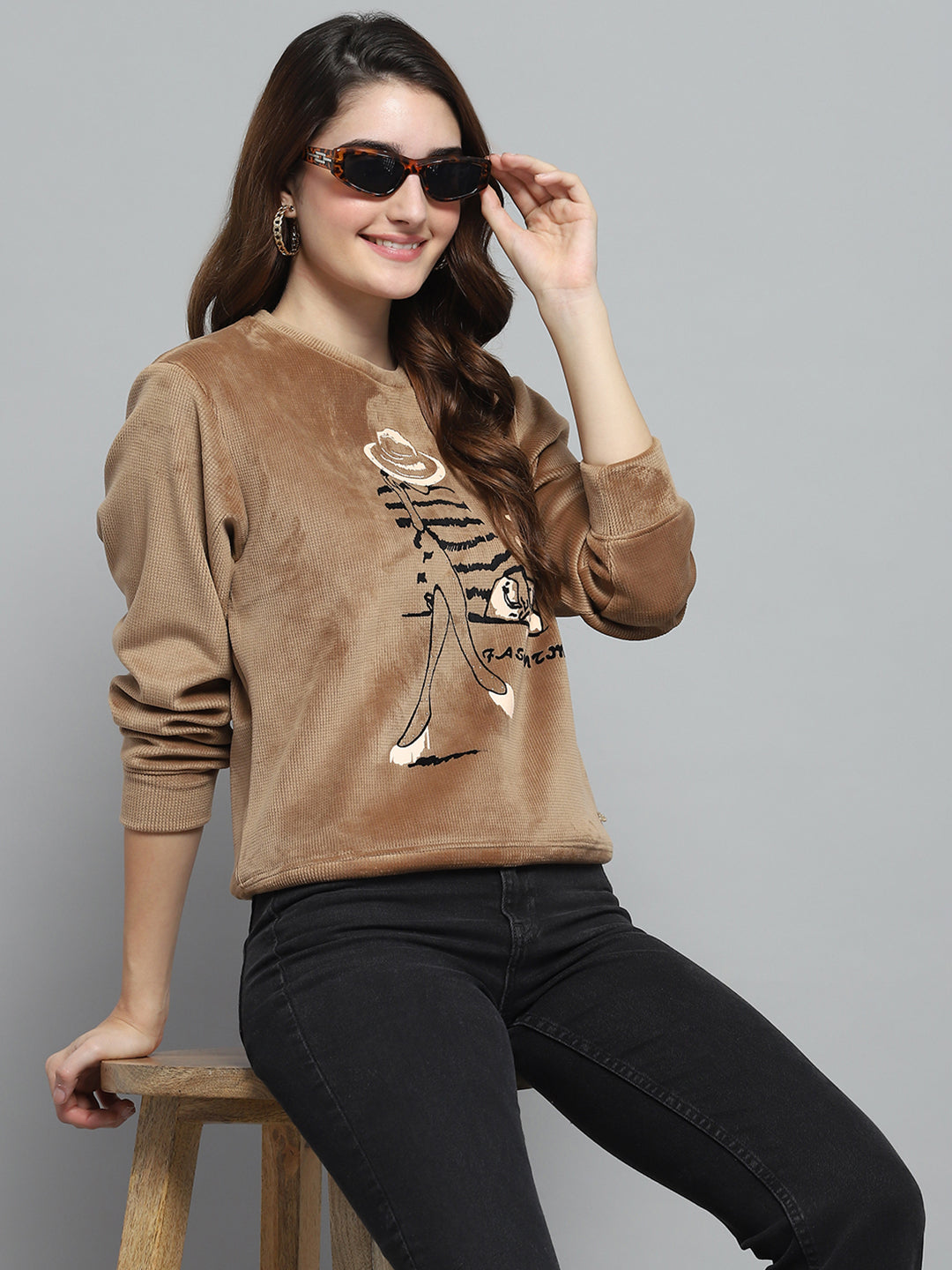 Women Khaki Printed Round Neck Full Sleeve Sweatshirt