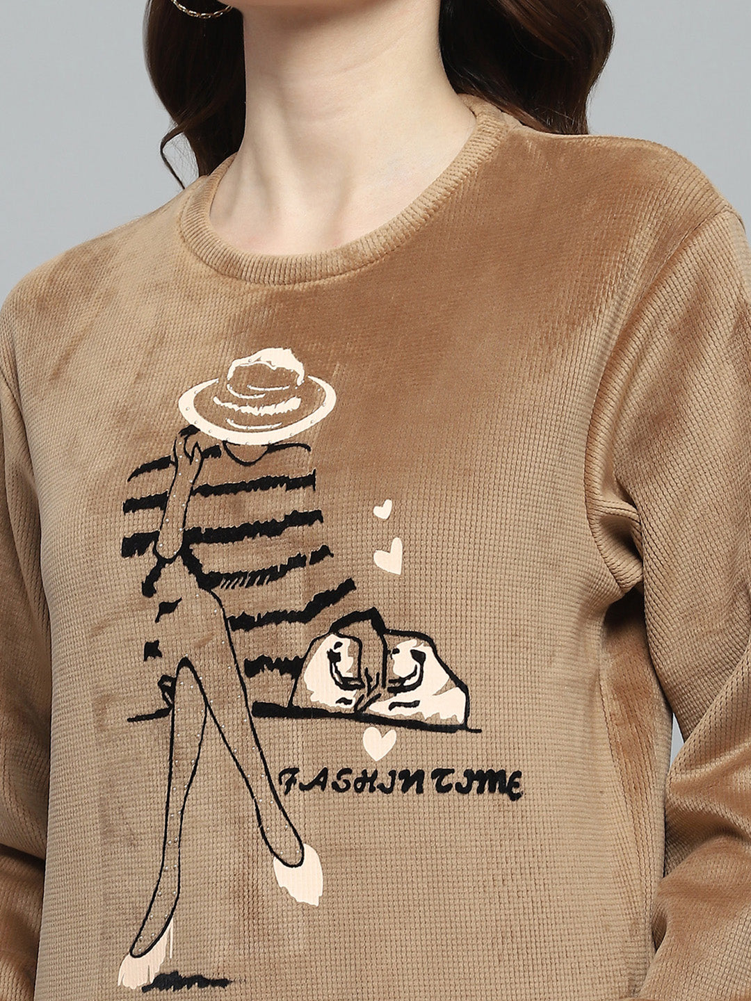 Women Khaki Printed Round Neck Full Sleeve Sweatshirt