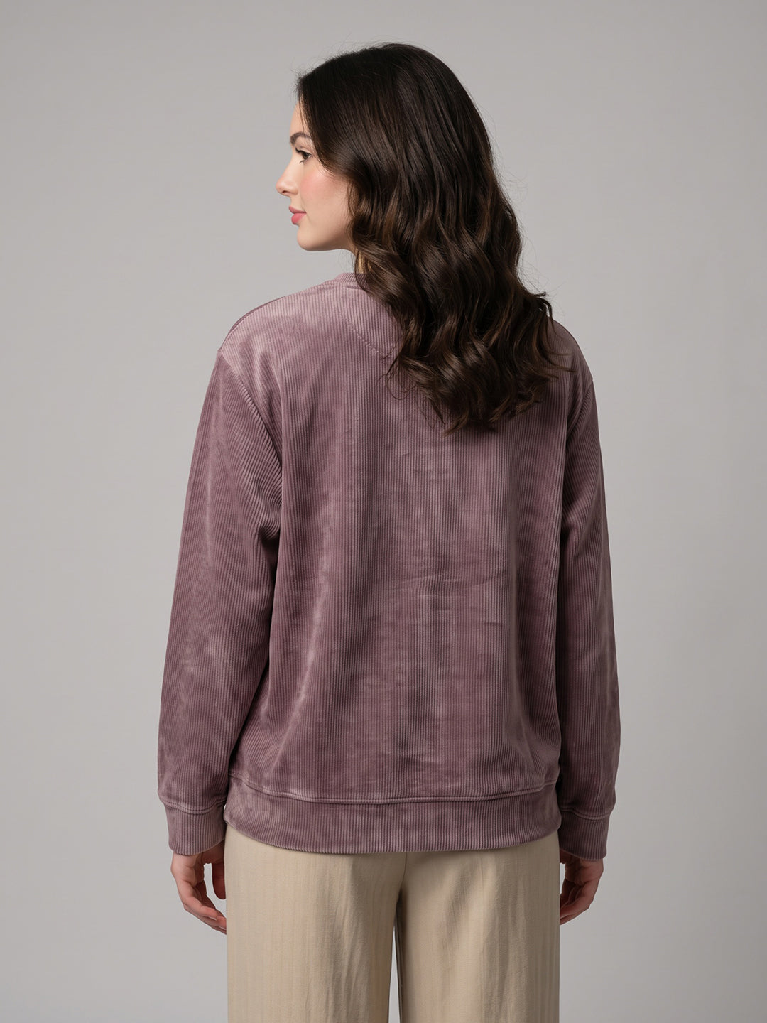 Women Mauve Printed Round Neck Full Sleeve Sweatshirt