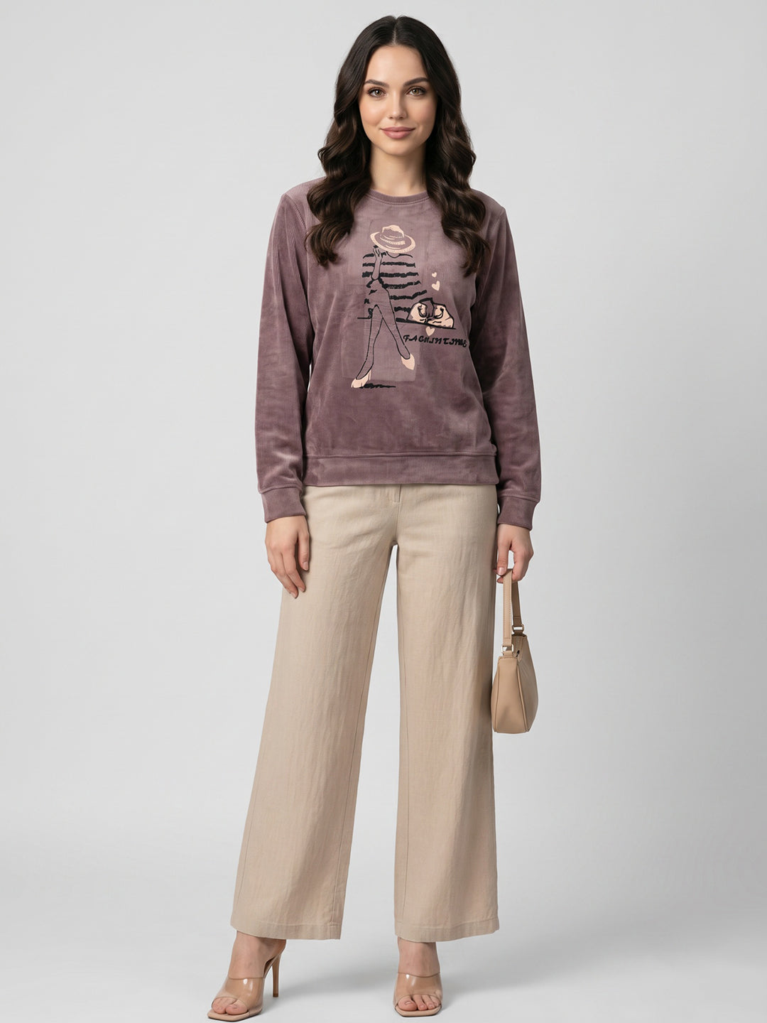 Women Mauve Printed Round Neck Full Sleeve Sweatshirt
