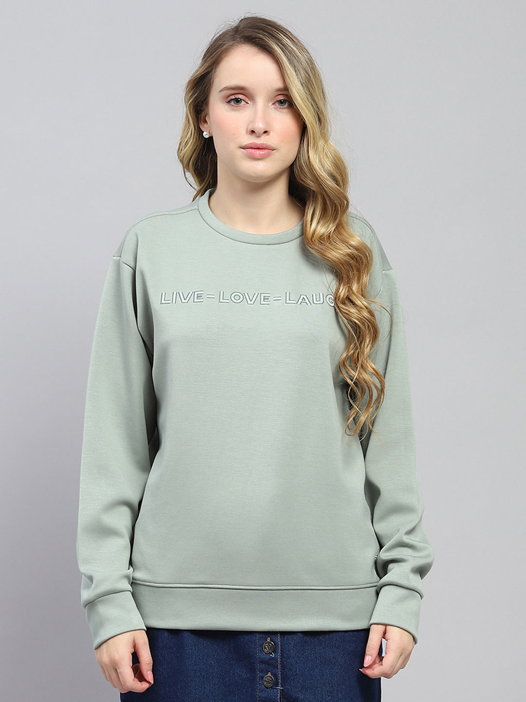 Women Green Printed Round Neck Full Sleeve Sweatshirt