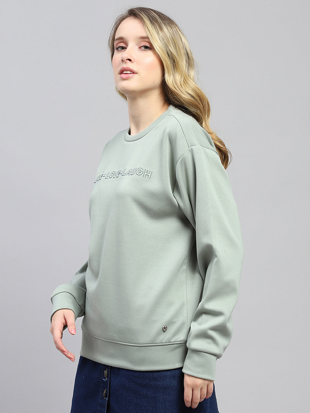 Women Green Printed Round Neck Full Sleeve Sweatshirt